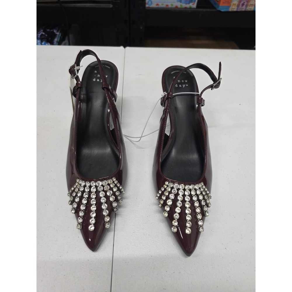 A New Day Serafina Burgundy Patent Rhinestone Slingback Pumps Heels Size 7.5